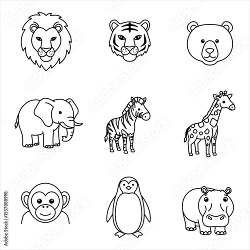 Nine Simple Line Drawings of African and Arctic Animals Lion Tiger Bear Elephant Zebra Giraffe Monkey Penguin Hippopotamus Vector Icons for Business, Web, UI/UX, and Design Projects