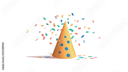 A digital illustration depicting a yellow party hat with blue polka dots. The hat is cone-shaped and positioned centrally against a white background. Multicolored confetti is dispersed around and