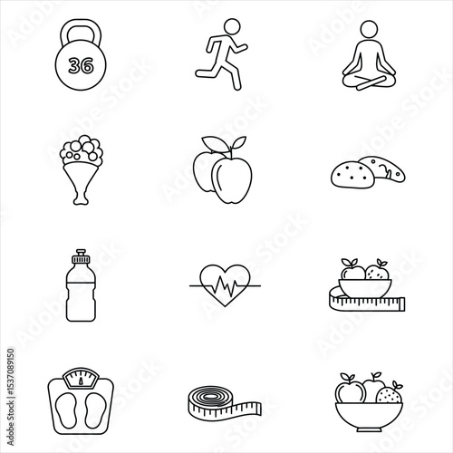 Black and white line art icons depicting fitness health wellness weight loss concepts including kettlebell running yoga apples fruit bowl measuring tape scale heart rate Vector Icons for Business, 