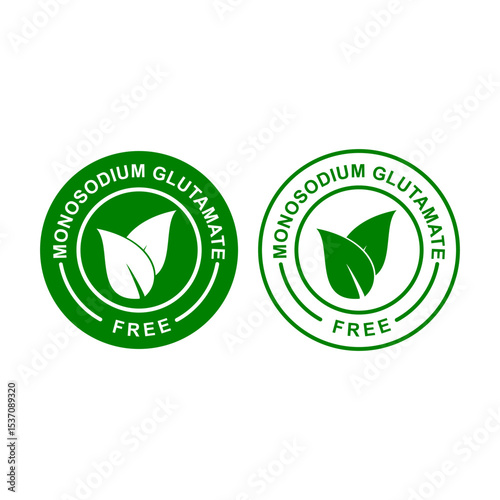 Monosodium Glutamate Free seals in green. Features two leaves, symbolizing natural ingredients. Ideal for food products.