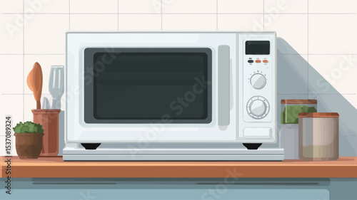 A digitally created illustration depicting a white microwave oven positioned centrally on a light brown kitchen countertop against a white tiled backsplash.  To the left are a small potted