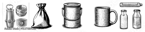 Vector Vintage containers and vessels collection in engraved style.