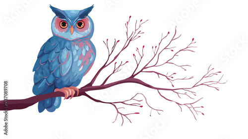Digital illustration of a stylized blue owl perched on a bare, reddish-brown branch against a white background. The owl is depicted in a cartoonish style with vibrant blue feathers and orange eyes.