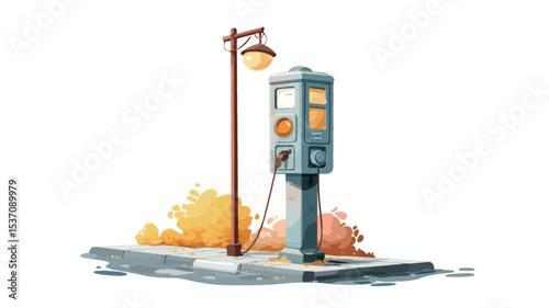 A digital illustration, rendered in a painterly style reminiscent of watercolor, depicts an electric vehicle charging station. The station is light blue with a vintage aesthetic.