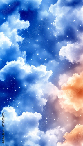 Soft dreamy night sky painted in watercolor style with stars and clouds