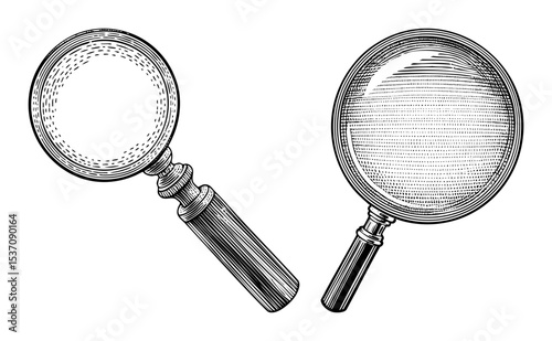 Vector Two vintage magnifying glasses are displayed in a detailed engraving style.