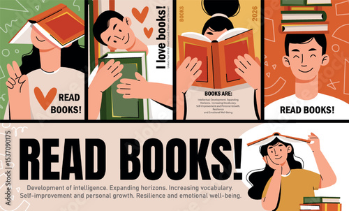 Colorful vector illustration promoting reading with diverse characters holding and enjoying books. Highlights benefits like intelligence, vocabulary growth, self-improvement, and emotional well-being.