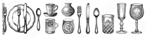 Vector Vintage tableware collection featuring cutlery ceramics and glassware illustrations.