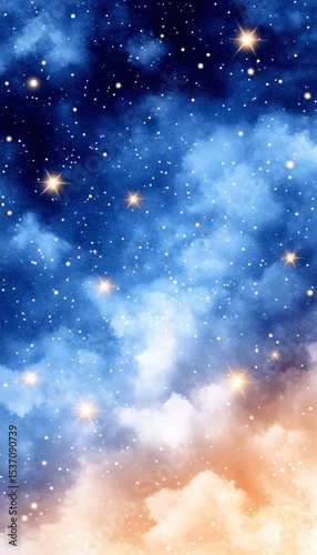 Soft dreamy night sky painted in watercolor style with stars and clouds