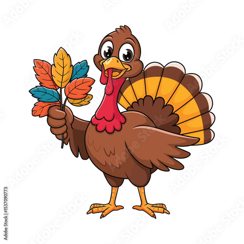 A cheerful cartoon turkey standing upright, holding a cluster of colorful autumn leaves in one wing.