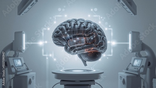 3d model of a brain displayed over medical equipment.