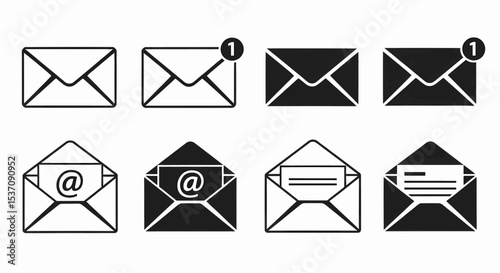 This high-quality vector image features eight silhouette-style envelope icons (closed/open, solid/outlined), some with notification circles, "@" symbols, or lined cards, all with fine details.