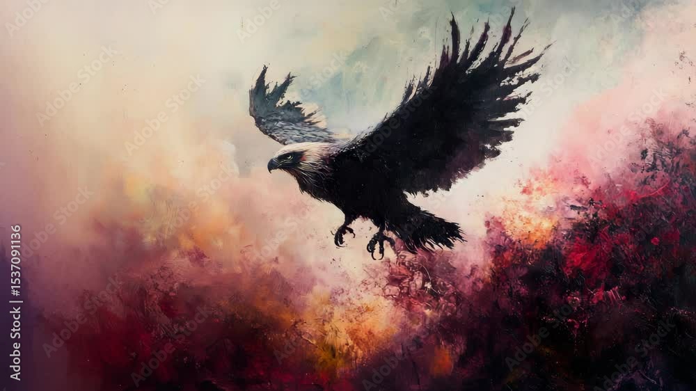 A painting of a bird flying in the sky