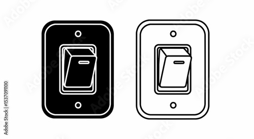 This high-quality vector image features two black light switch icons: a solid silhouette and an outline version with a toggle, dash, and circle, all with fine details.