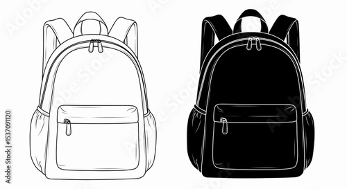 Two line drawings of a backpack: a black outline and a solid black shade with white outlines. Both feature zippers, pockets, and straps, all finely detailed and suitable for vector use.
