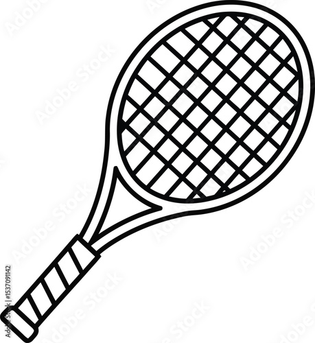 Tennis Racket Illustration: Depicting the essential equipment for tennis, this monochrome illustration showcases a tennis racket, ready for play, sport and competition.