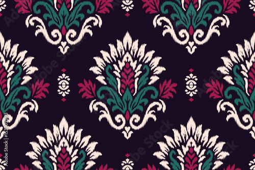 Elegant magenta and green ikat floral embroidery pattern with damask details, traditional ethnic seamless design illustration for fabric, clothing, texture, and decorative textile decoration.