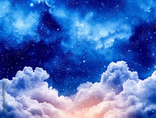 Soft dreamy night sky painted in watercolor style with stars and clouds