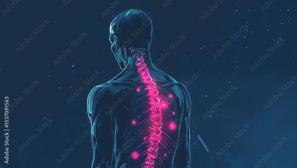 Naklejka premium Human spine highlighted with glowing pink