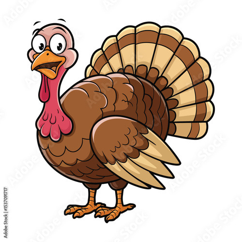 A comical cartoon turkey with a round, brown body and large, expressive eyes.