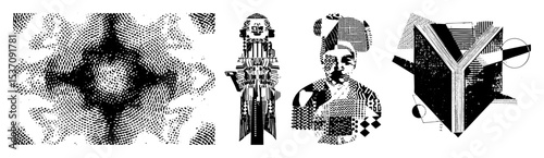 Vector Abstract robotic figures and geometric head illustrations in monochrome style.
