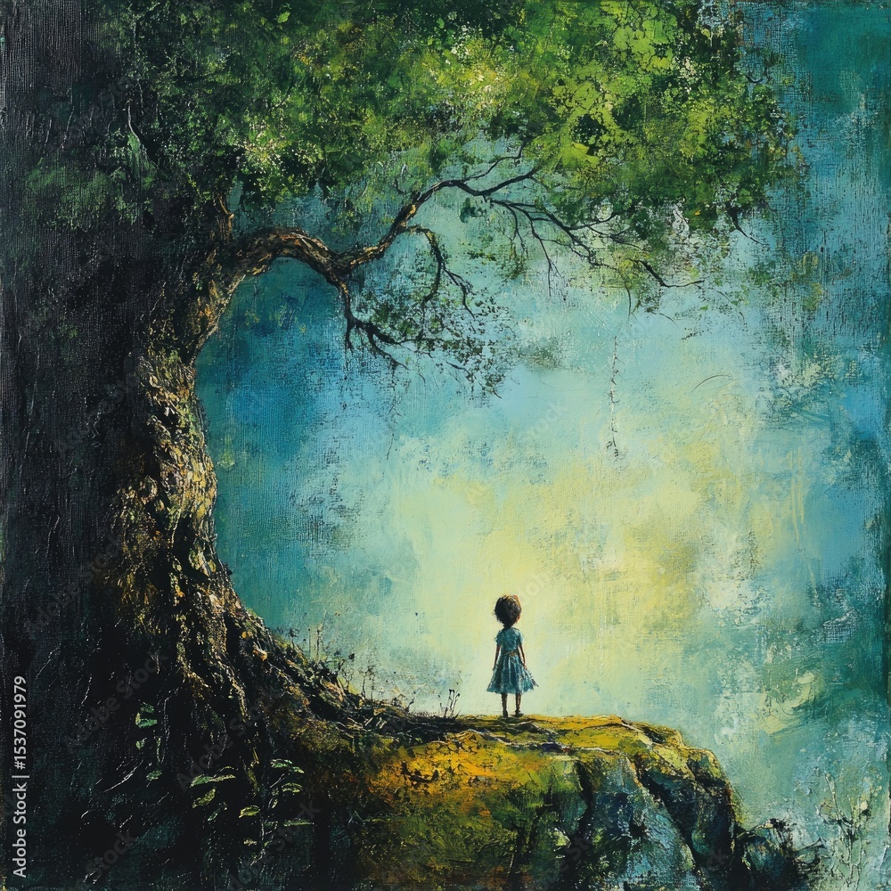 Obraz premium A young girl stands beneath a large, ancient tree on a misty, wooded cliff