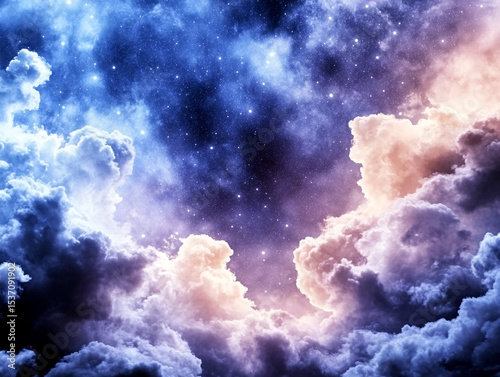 Soft dreamy night sky painted in watercolor style with stars and clouds