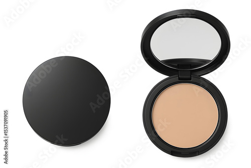 Compact makeup powder with a sleek black case, showcasing a smooth beige surface, ideal for beauty enthusiasts seeking flawless skin and professional makeup application techniques