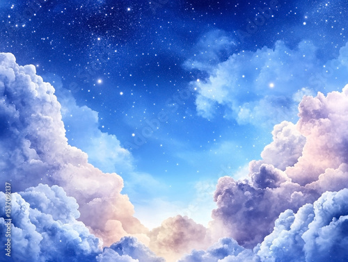 Soft dreamy night sky painted in watercolor style with stars and clouds