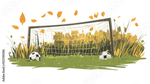 An illustration depicting a soccer goal surrounded by tall grass and autumn leaves. The goal is centrally positioned, with two soccer balls resting near the base of the net.  The style is loose and