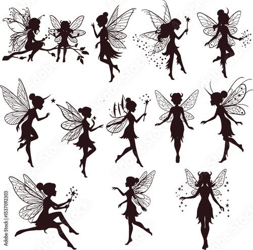 Enchanted Fairy Silhouettes: Magical Vector Art for Craft & Design. fairy, silhouettes, magical, vector, art, craft, enchanted, fairies, whimsical, illustrations