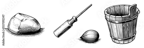 Vector Vintage coconut preparation tools featuring chisel and wooden bucket.