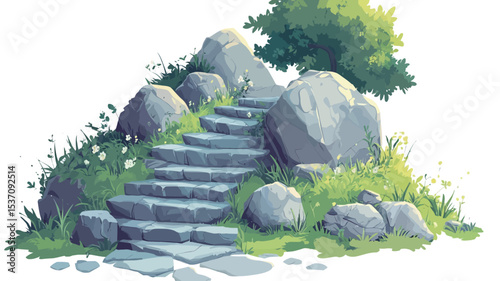 Digital painting of a stone staircase ascending a small rocky hillside. The stairs are light gray, and the rocks are various shades of gray and light brown.  The hillside is covered with green