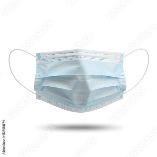 Medical face mask in light blue color, featuring pleats and ear loops, displayed against a clean white background, symbolizing health and safety in modern times