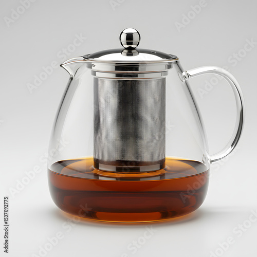 Glass teapot with stainless steel infuser, filled with brewed tea, showcasing elegant design and craftsmanship, perfect for tea enthusiasts and kitchen decor