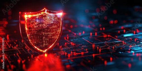 Digital shield symbolizing cybersecurity in a futuristic virtual environment with glowing red elements