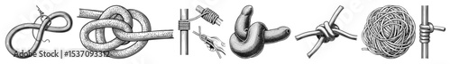 Vector Detailed illustrations of nautical rope knots and bindings.