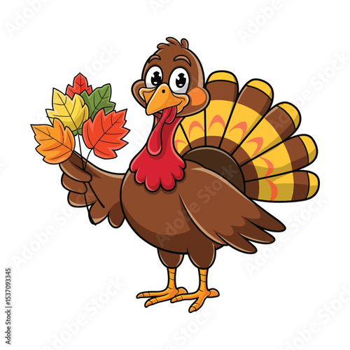 A cheerful cartoon turkey standing upright, holding a cluster of colorful autumn leaves in one wing.
