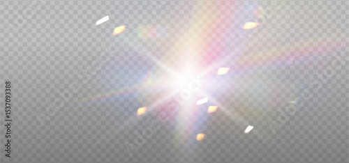Warm White sun light flares with transparent sparkle effects. Iridescent crystal glare lenses reflection effect. Optical rainbow lights, glare, leak, streak overlay. Sparkling vector falling confetti.