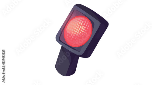 Isometric illustration of a red traffic light. The light is square-shaped with rounded corners and a dark gray or black housing. The red light is brightly illuminated, showing a textured surface.
