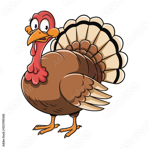 A comical cartoon turkey with a round, brown body and large, expressive eyes.