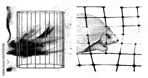 Vector Confined rabbits illustrated within cage structures.