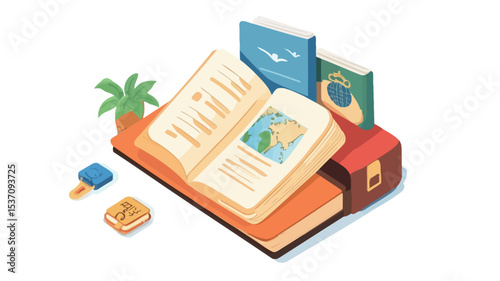 Isometric illustration depicting an open travel guide book showcasing a world map.  Atop the book are a passport and an airplane ticket. A small palm tree is situated beside the book, and a car key