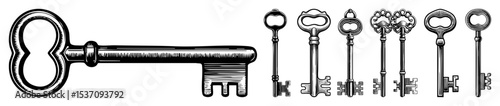 Vector Vintage keys collection featuring ornate skeleton keys and a large circular key.