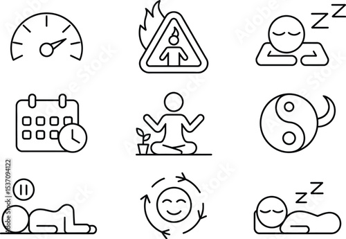Line style icons of energy and rest balance including burnout alert, power nap icon, scheduled break, stress reset, mindful pause


