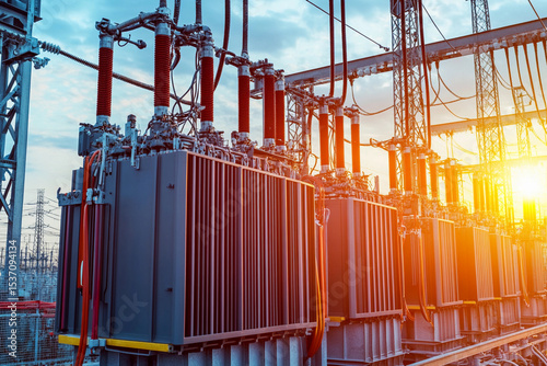 Electrical transformer array at sunset near power station Generative AI