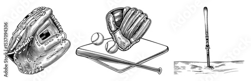 Vector Vintage baseball equipment featuring a glove ball and bat.