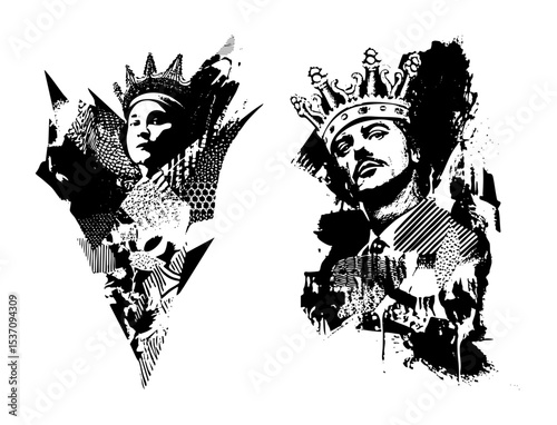 Vector Regal portraits of a queen and king depicted as bold vector illustrations.