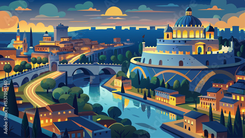 flying above Castel Sant'Angelo and San Pietro in Rome at night. Panoramic aerial view of the Tiber river, its bridges and St. Peter's, Vatican City. Center city of Roma, Italy in the
