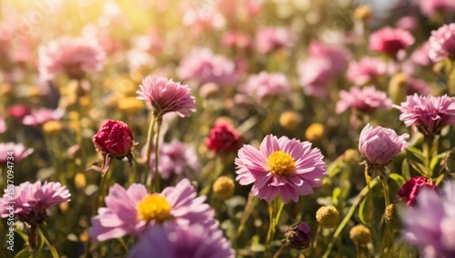 Flower field in sunlight, spring or summer garden background in closeup macro view or flowers meadow field in morning light